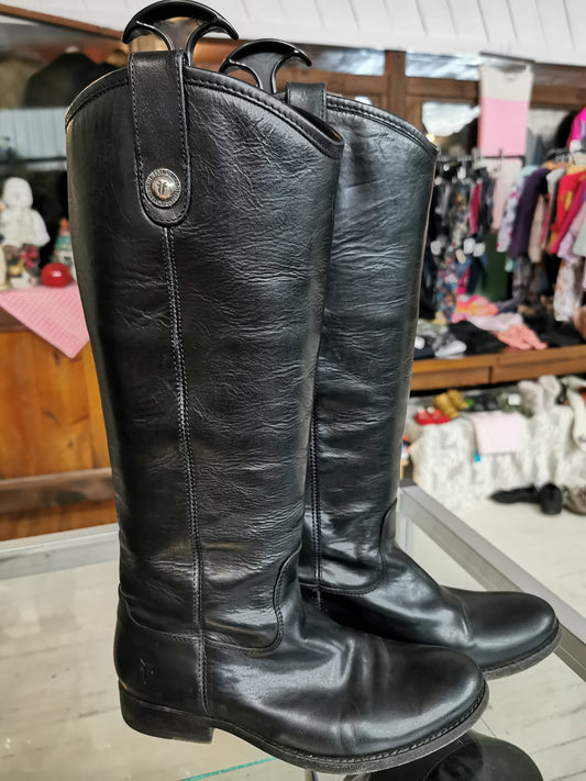 Frye Melissa Button Black Leather Tall Riding Boots